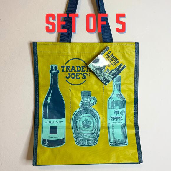 LOT 5x — Trader Joe’s 6 Bottle Wine Drink Beverage Carrier Gift Grocery Tote Bag - Picture 1 of 12
